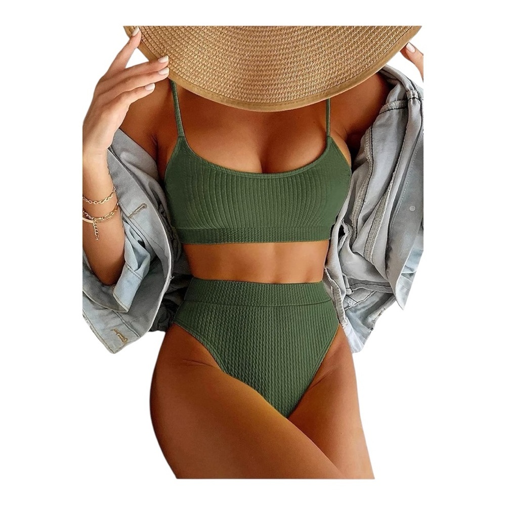 Ribbed High-Waisted Bikini Set Army Green Crop Top Size L New